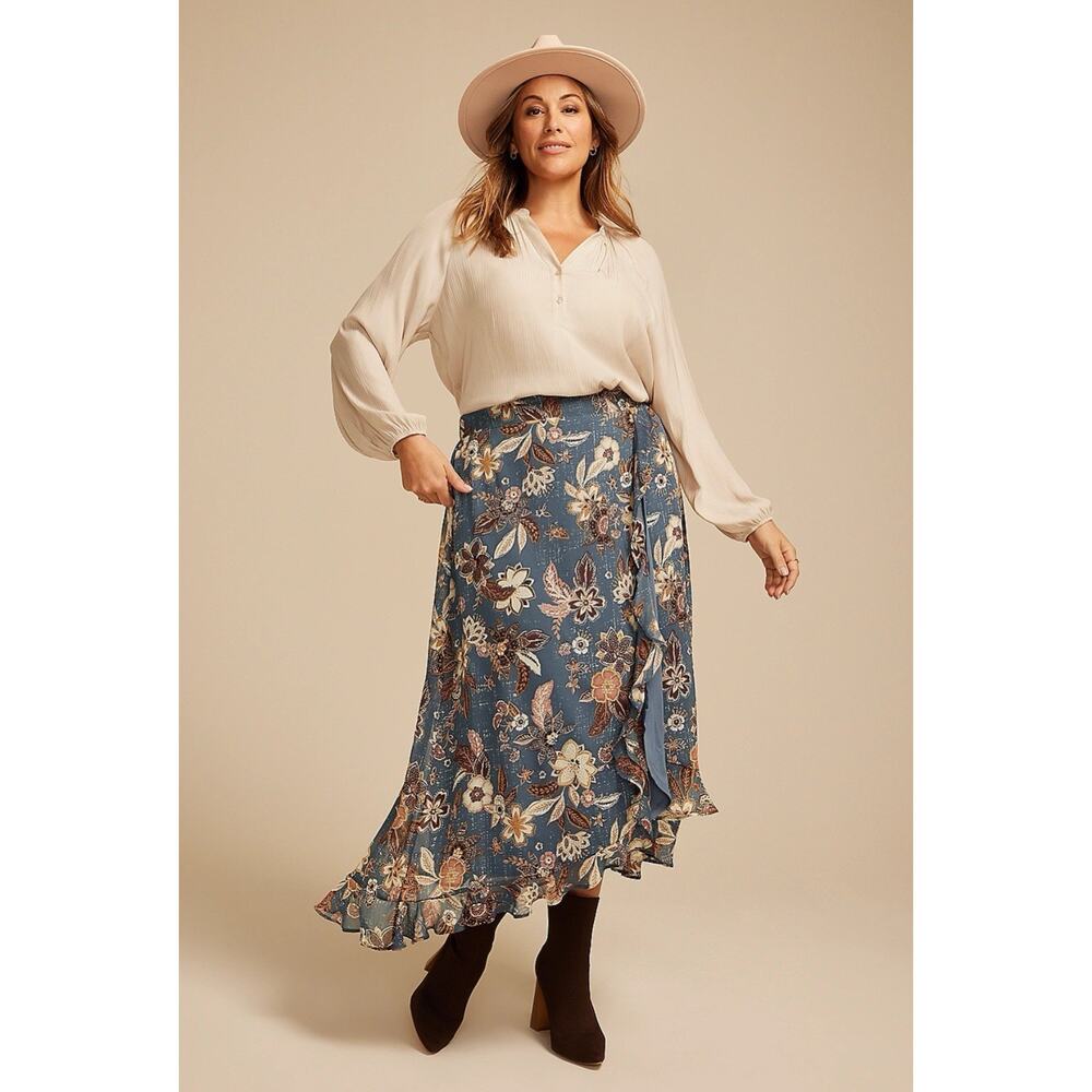 Maurices NWT 3X Blue Floral Faux Wrap Maxi Skirt Elastic Waist Plus Size 3X - Picture 2 of 8